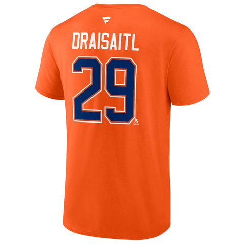 FANATICS EDMONTON OILERS LEON DRAISAITL ORANGE NAME AND NUMBER T SHIRT